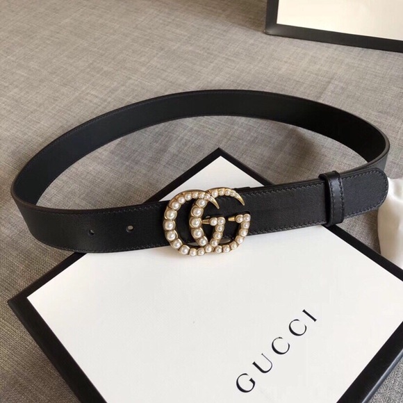 Gucci Black Leather Pearl Embellished Double G Buckle Belt 100 CM - Picture 4 of 7